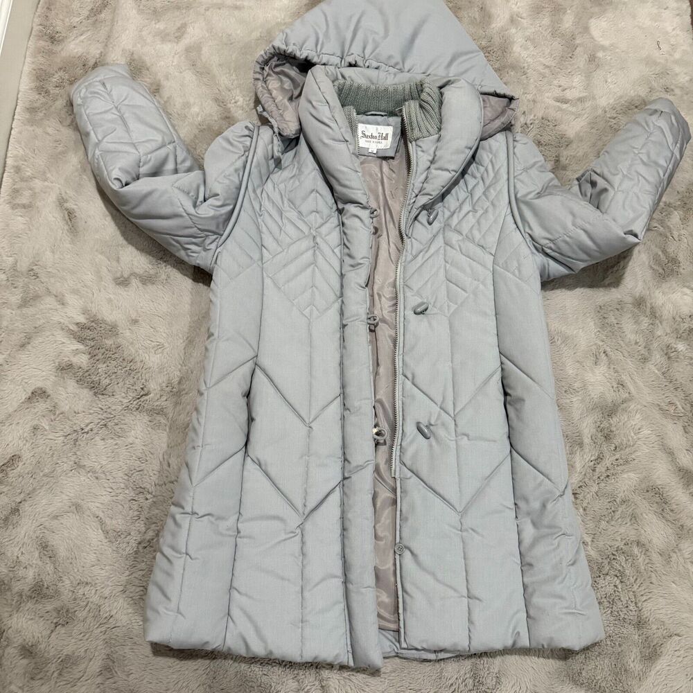 Vtg Saxton Hall Women's Quilted Puffer Coat Medium Gray Hooded Jacket Made Korea
